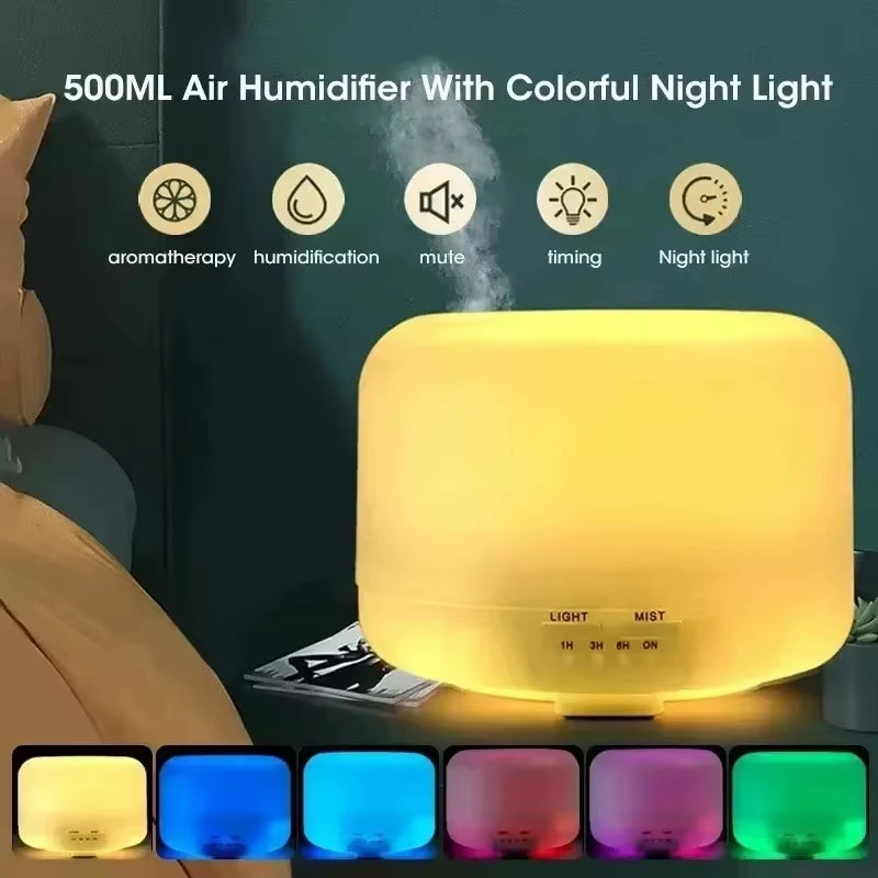 500ML Mini Humidifier USB Wood Grain Aroma Diffuser, Air Humidifier with Colorful Night Lights, Essential Oil Diffuser Machine