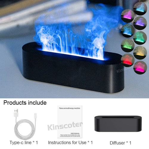 KINSCOTER Essential Oil Aroma Diffuser Flame Air Humidifier Ultrasonic Cool Mist Difusor with RGB Realistic Fire Night Light